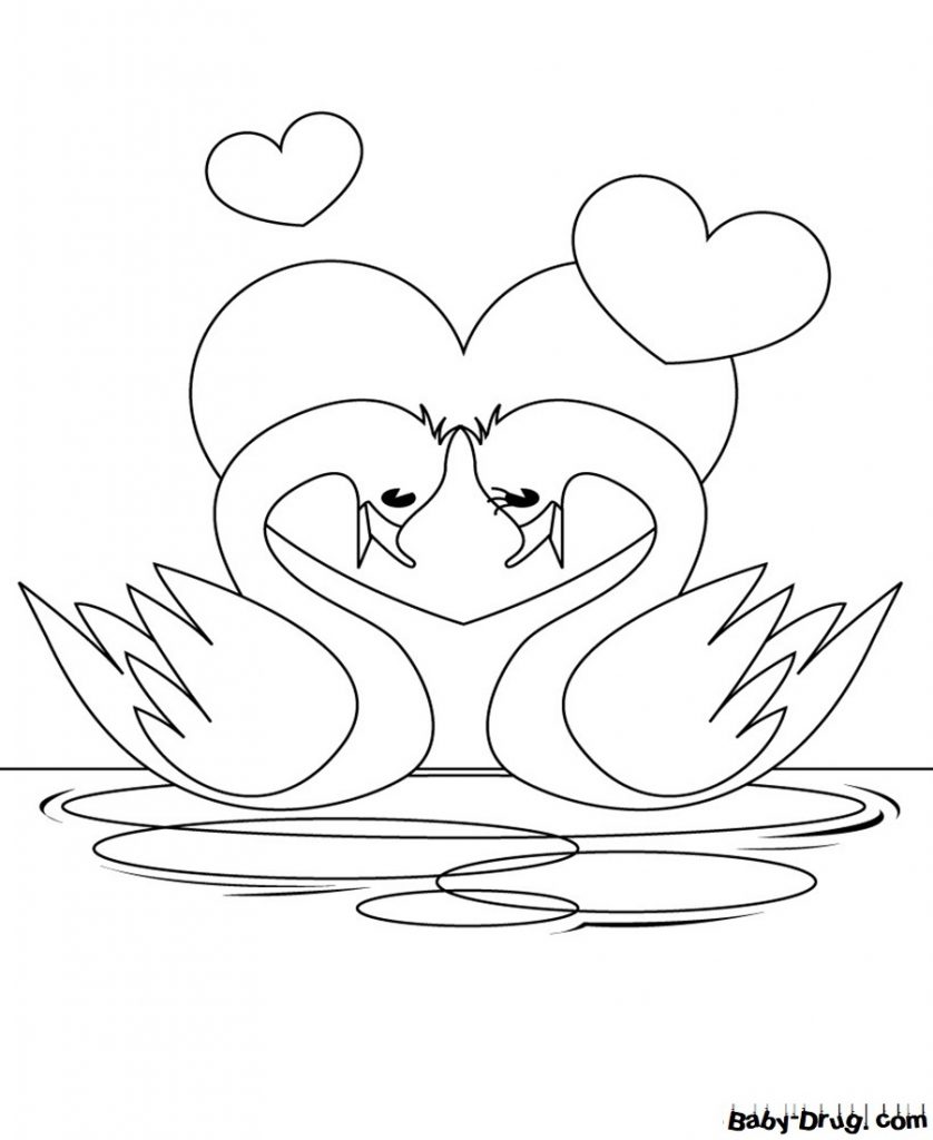 Раскраска Влюбленные лебеди для детей | Распечатать раскраску