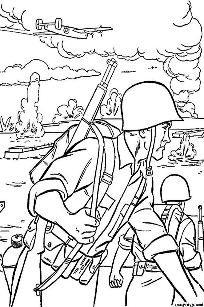 Раскраска Солдат в каске на войне 9 мая | Распечатать раскраску