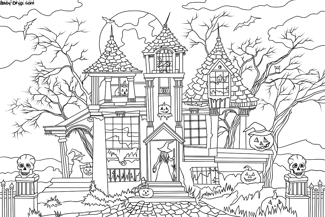 Раскраска Большой дом с привидениями | Раскраски Хэллоуин распечатать