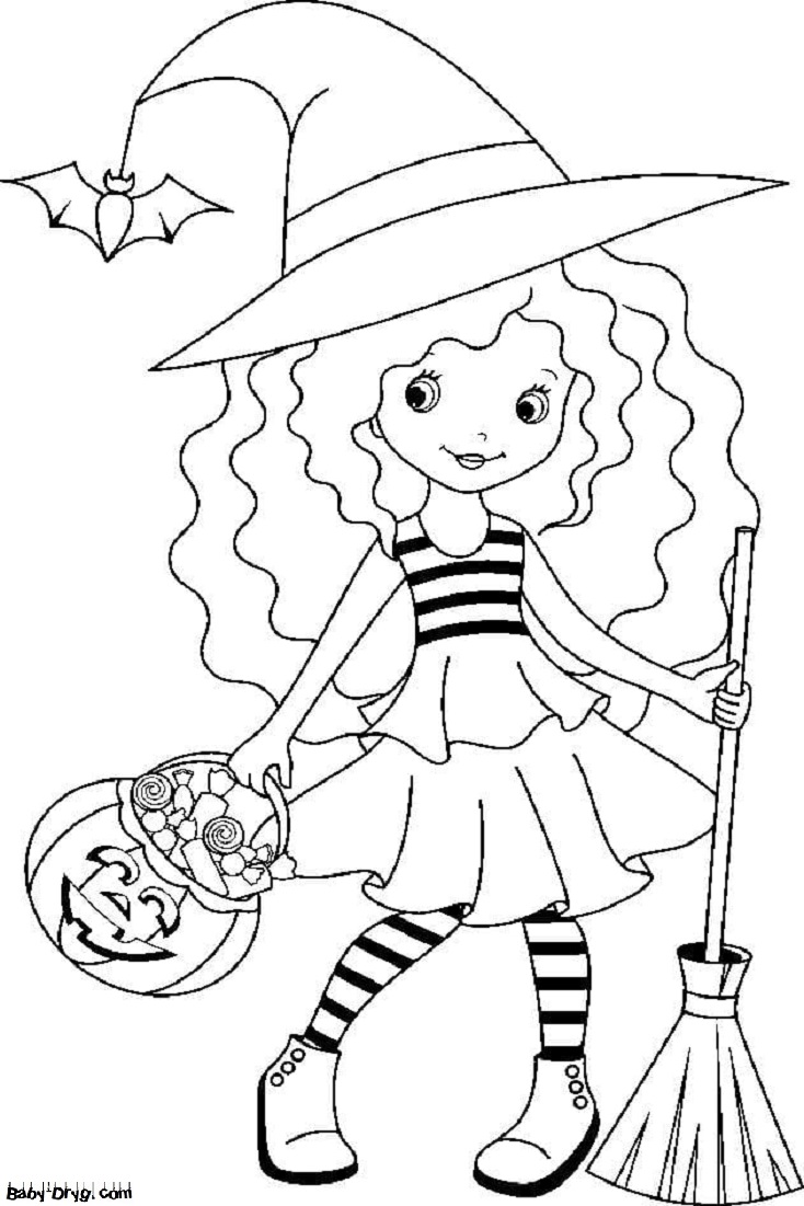 Раскраска Девочка в костюме ведьмы | Раскраски Хэллоуин распечатать