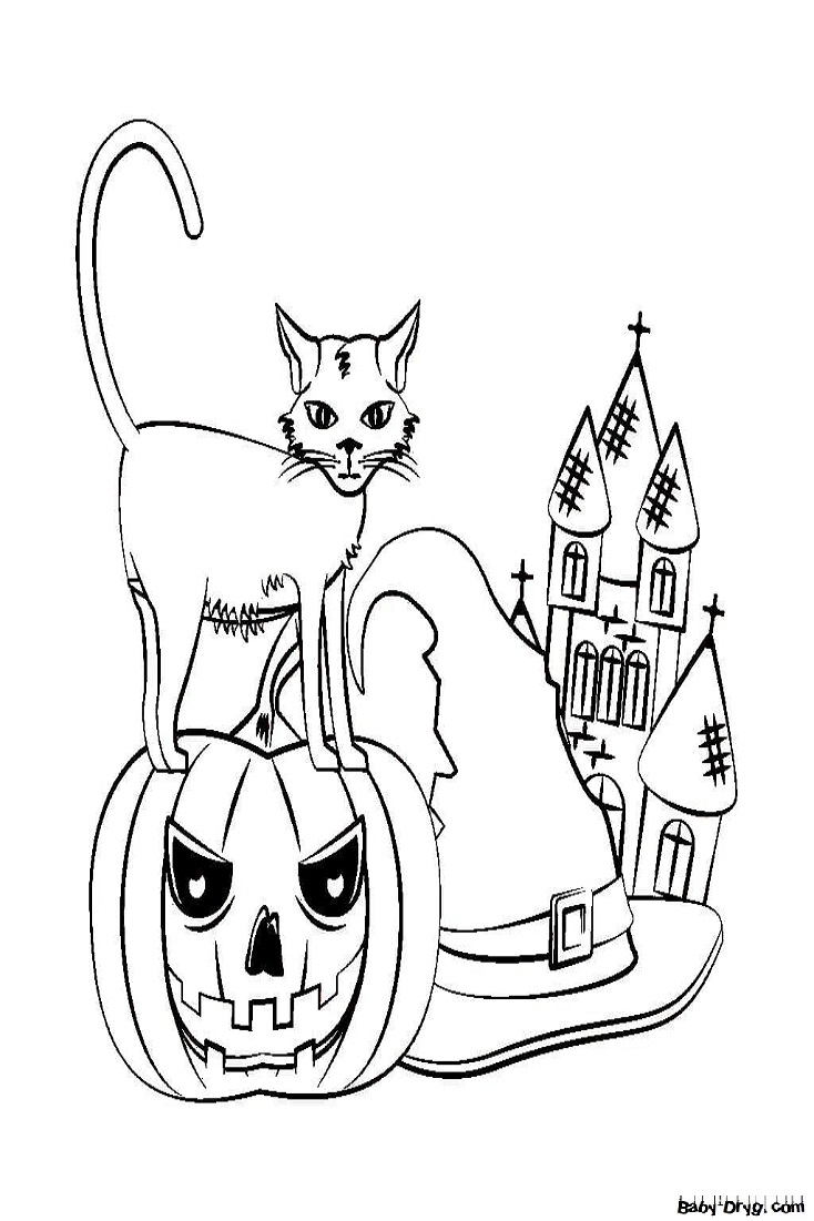 Раскраска Картинка для раскрашивания на хэллоуин. Кошка, тыква, шляпа и замок | Раскраски Хэллоуин распечатать