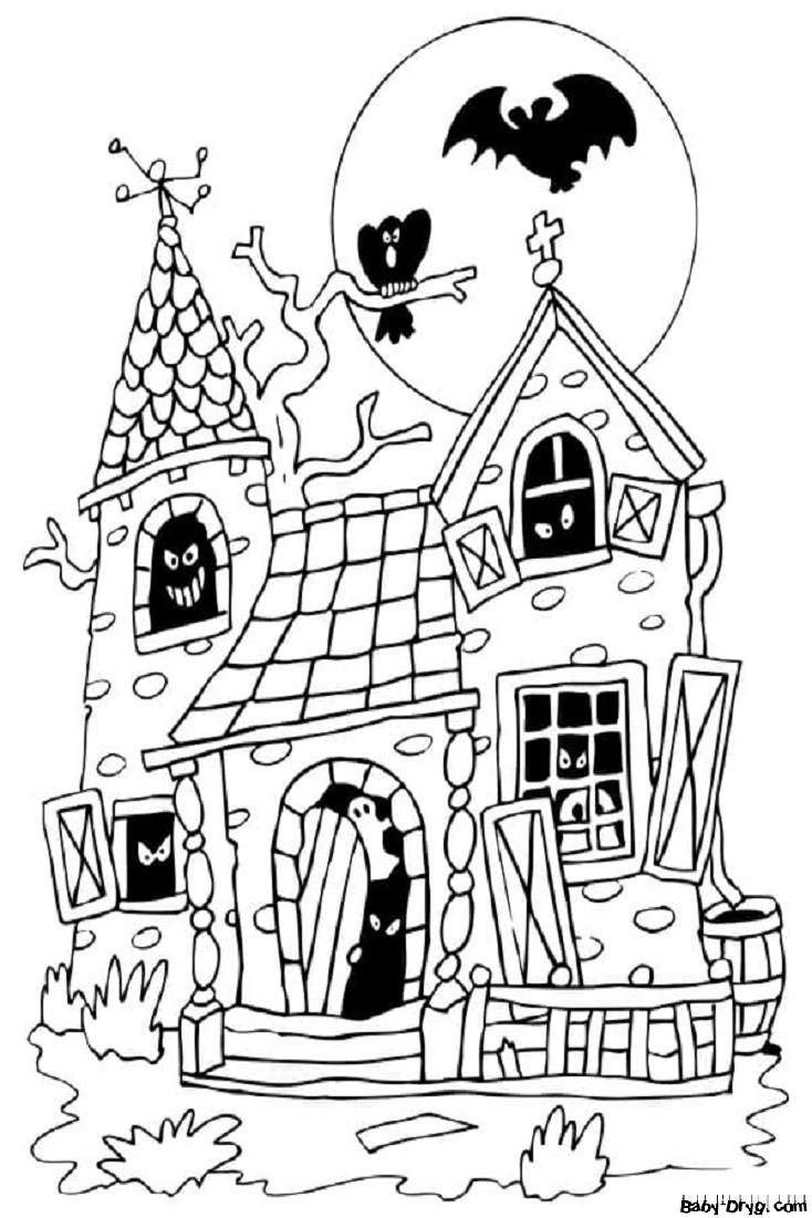 Раскраска Жуткий дом с привидениями | Раскраски Хэллоуин распечатать
