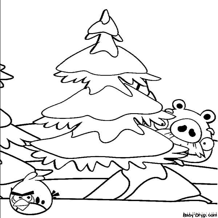 Раскраска Ангри Бердс и елка | Новогодние раскраски распечатать