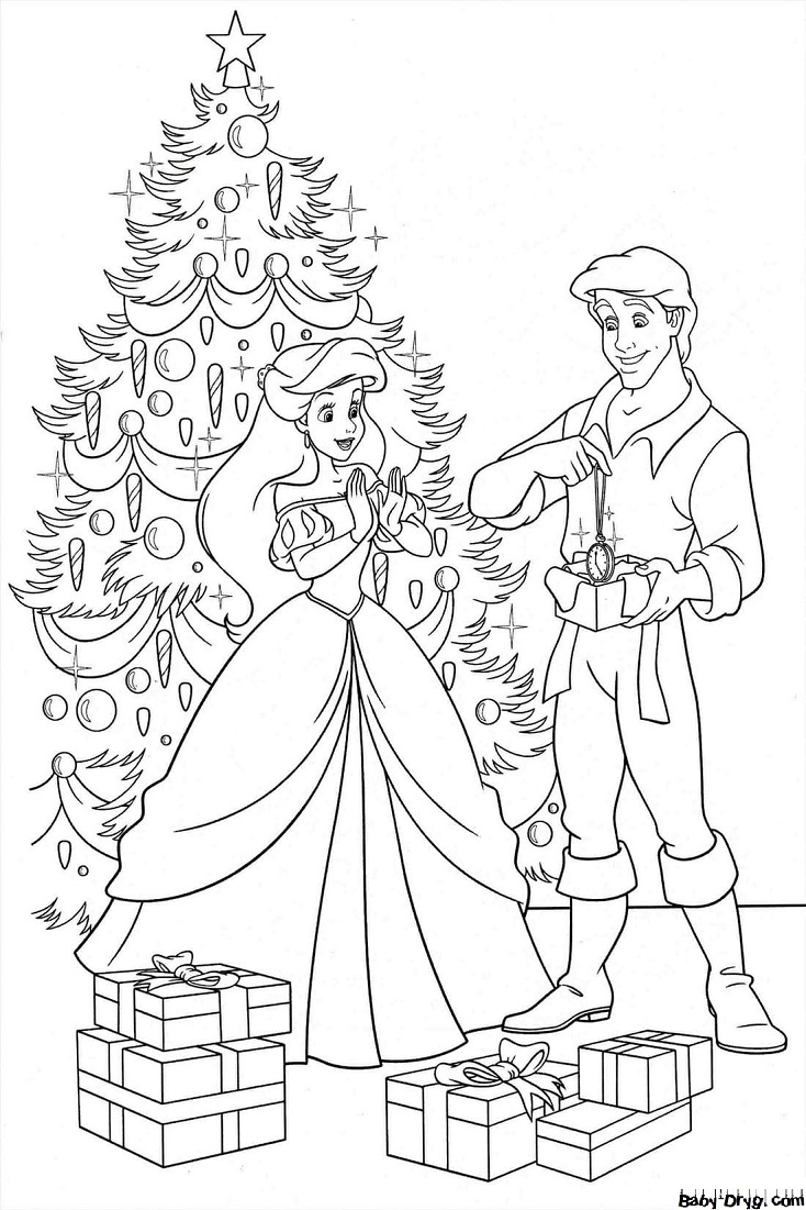 Раскраска Ариэль и Эрик возле праздничной елки | Новогодние раскраски распечатать