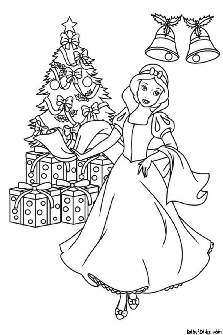 Раскраска Белоснежка возле новогодней елки | Новогодние раскраски распечатать