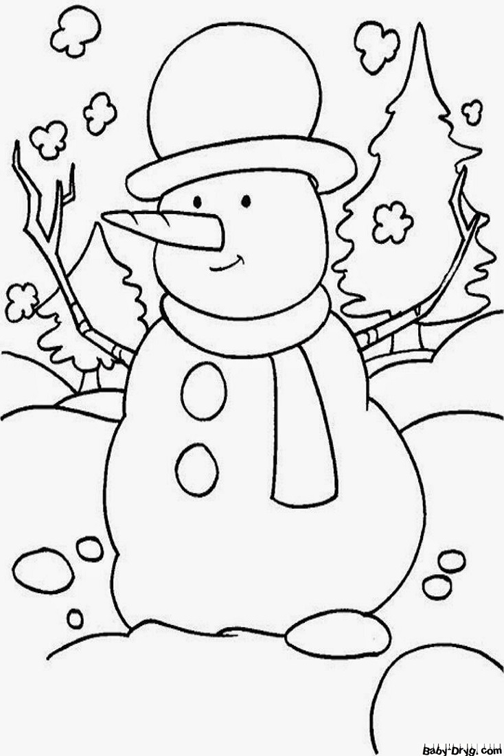 Раскраска Белый круглый человек из снега, который живет в лесу | Новогодние раскраски распечатать