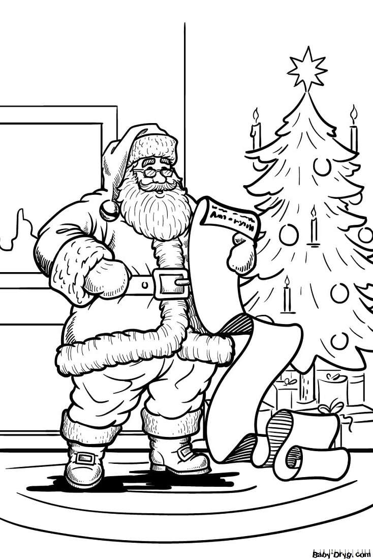 Раскраска Дед Мороз читает список подарков | Новогодние раскраски распечатать