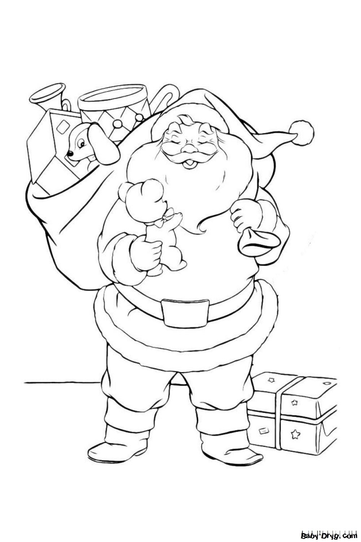 Раскраска Дед Мороз дарит медвежонка | Новогодние раскраски распечатать