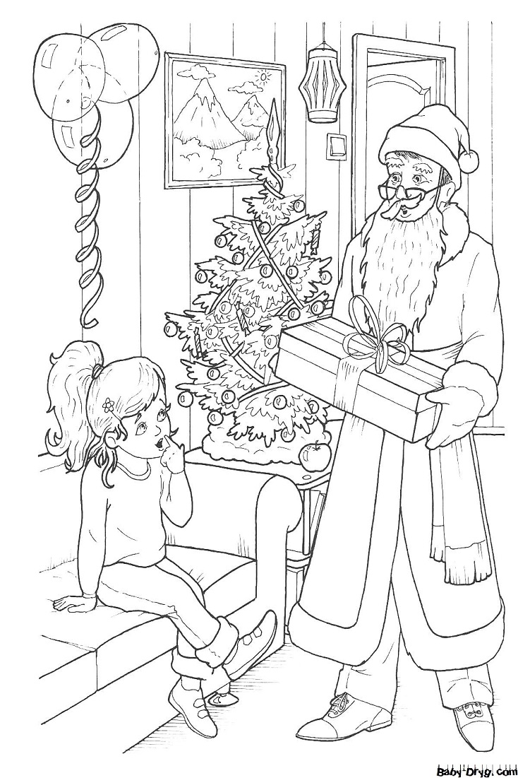 Раскраска Дед Мороз дарит подарок девочке | Новогодние раскраски распечатать