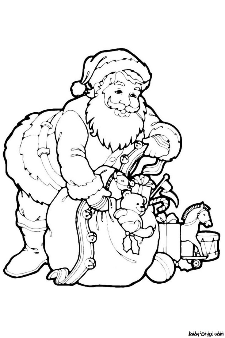 Раскраска Дед Мороз достаёт игрушки из мешка | Новогодние раскраски распечатать