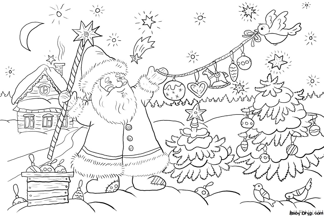 Раскраска Дед Мороз готовится к празднику | Новогодние раскраски распечатать