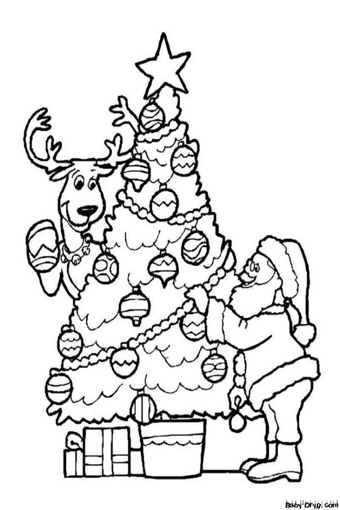 Раскраска Дед Мороз и олень возле елки | Новогодние раскраски распечатать