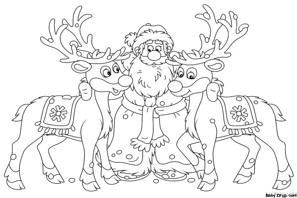 Раскраска Дед Мороз и рождественские олени | Новогодние раскраски распечатать