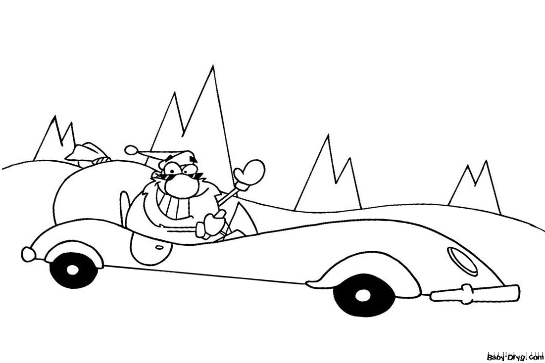 Раскраска Дед Мороз на гоночной машине | Новогодние раскраски распечатать