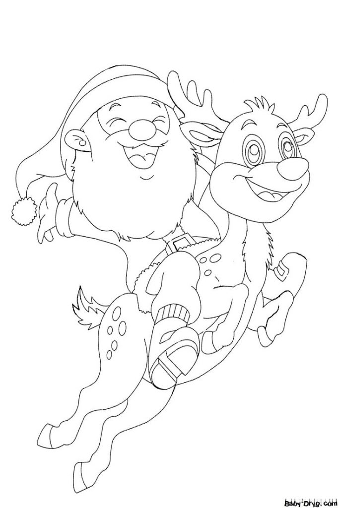 Раскраска Дед Мороз на олене | Новогодние раскраски распечатать