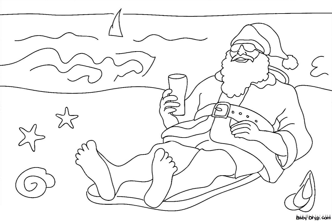 Раскраска Дед Мороз на пляже | Новогодние раскраски распечатать