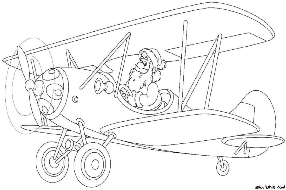 Раскраска Дед Мороз на самолете | Новогодние раскраски распечатать