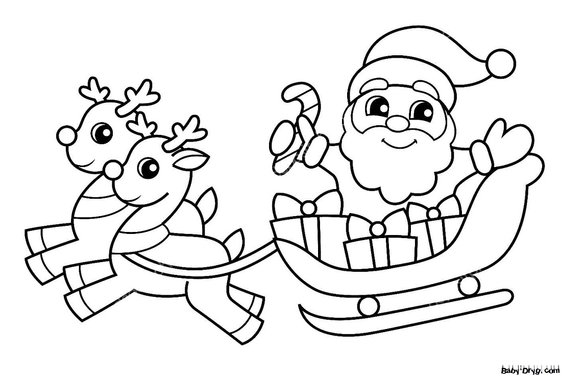 Раскраска Дед Мороз на санях с оленями | Новогодние раскраски распечатать