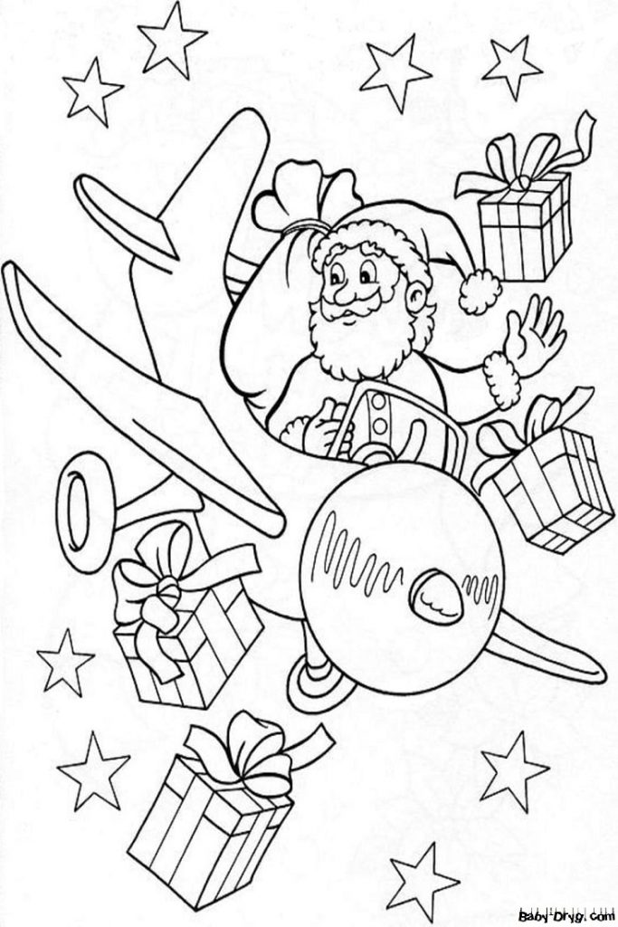 Раскраска Дед Мороз на вертолете | Новогодние раскраски распечатать