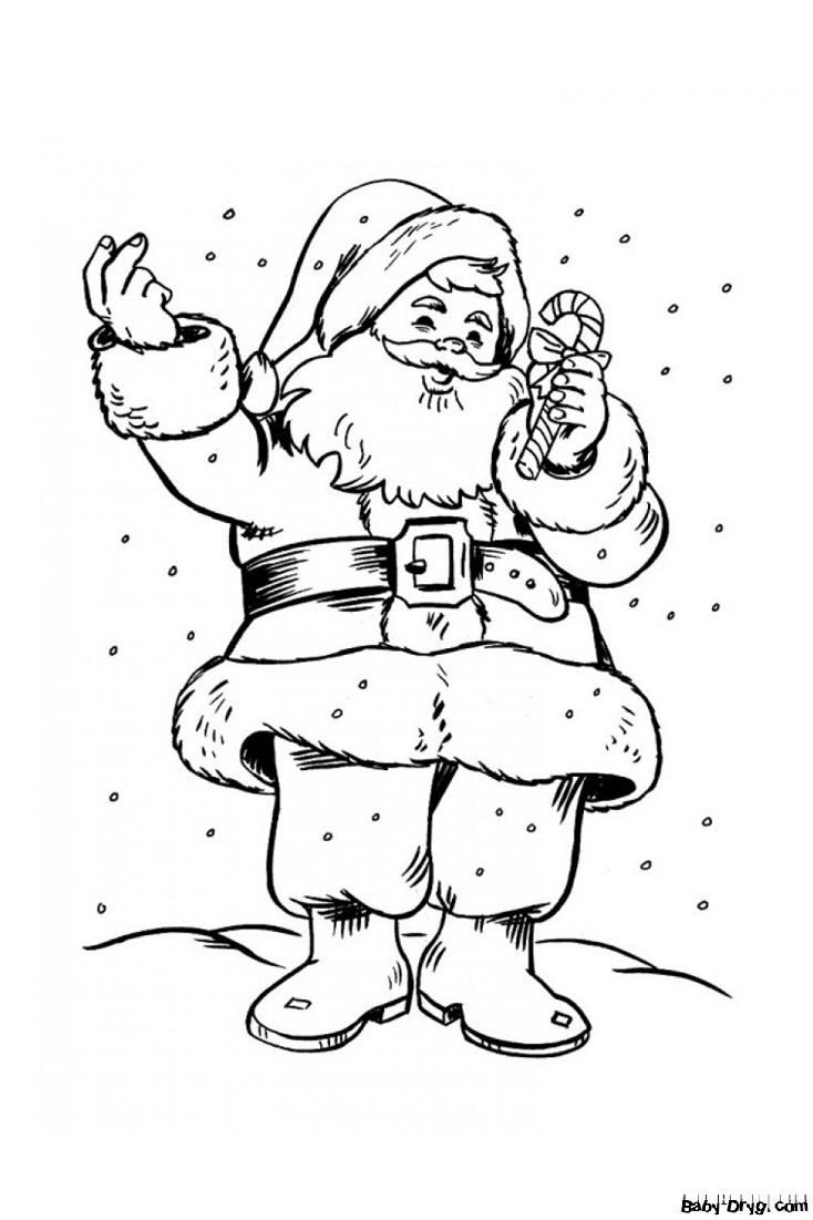 Раскраска Дед Мороз принёс большую конфету | Новогодние раскраски распечатать