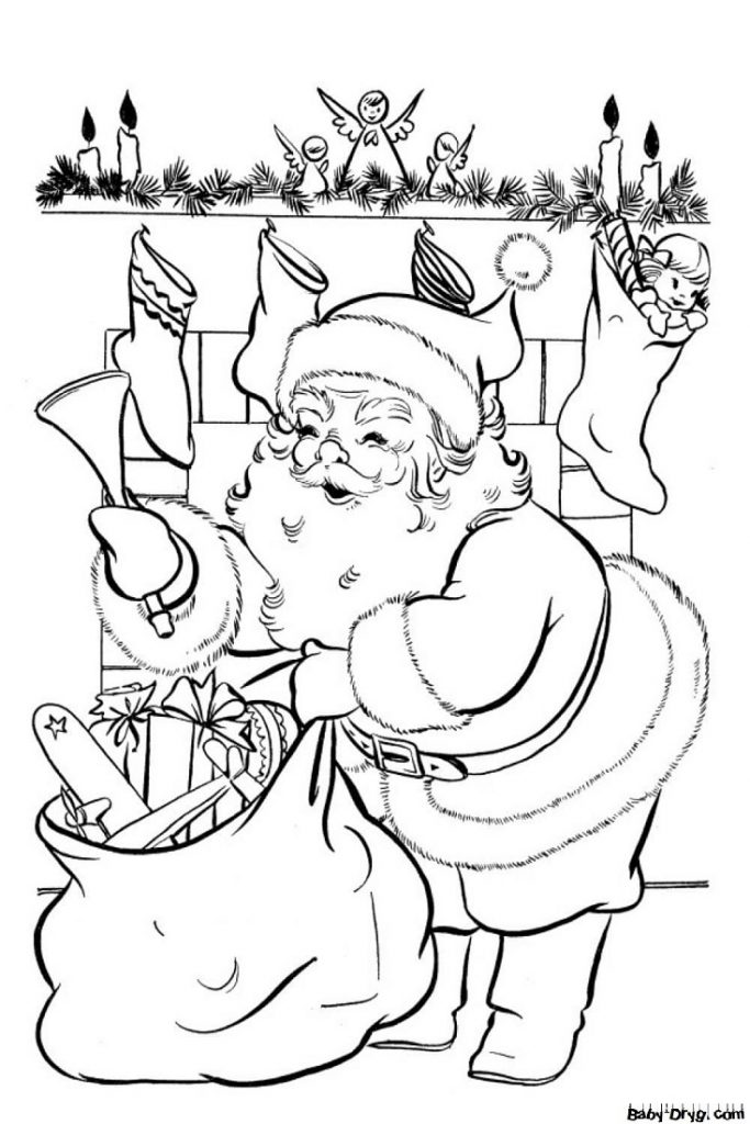 Раскраска Дедушка Мороз раскладывает подарки | Новогодние раскраски распечатать