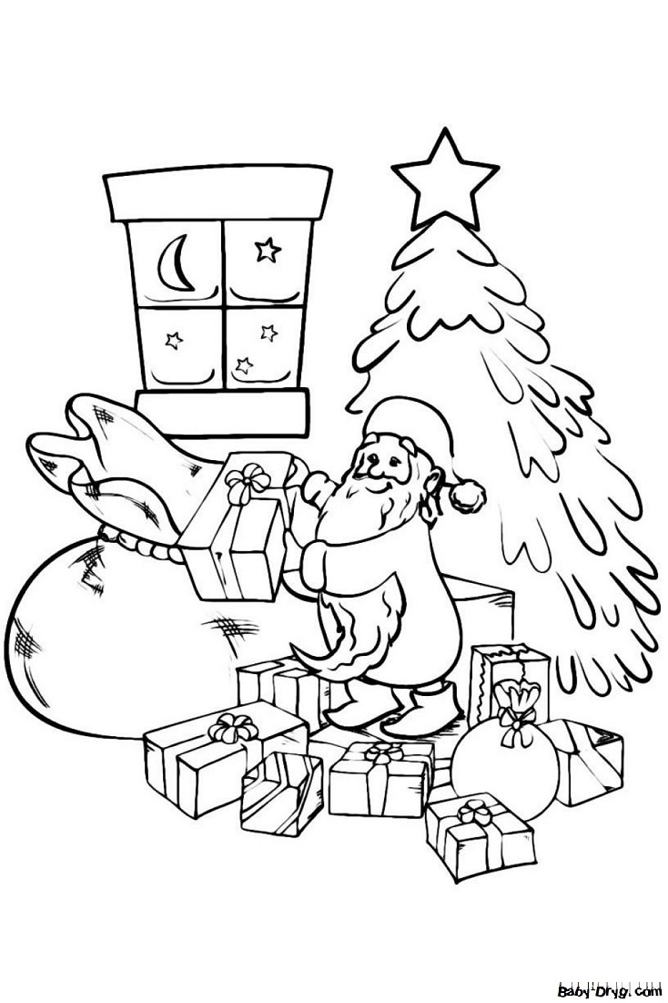 Раскраска Дед Мороз раскладывает подарки под ёлкой | Новогодние раскраски распечатать