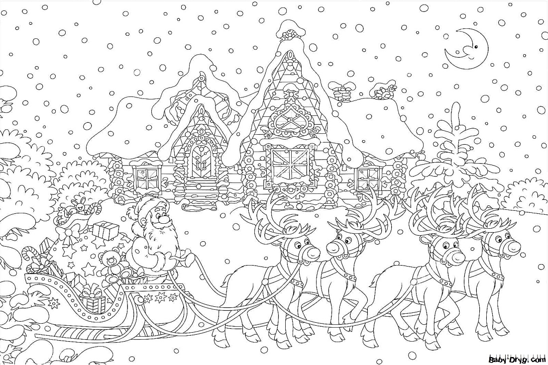 Раскраска Дед Мороз развозит подарки | Новогодние раскраски распечатать