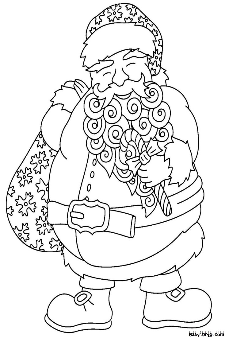Раскраска Дед Мороз с кудрявой бородой | Новогодние раскраски распечатать