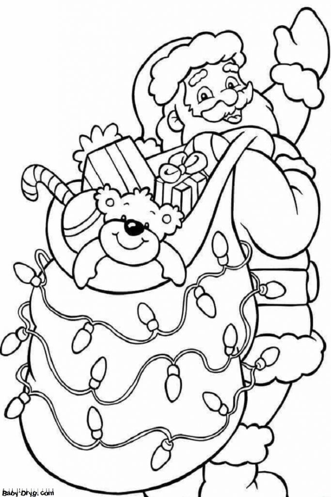 Раскраска Дед Мороз с мешком подарков | Новогодние раскраски распечатать