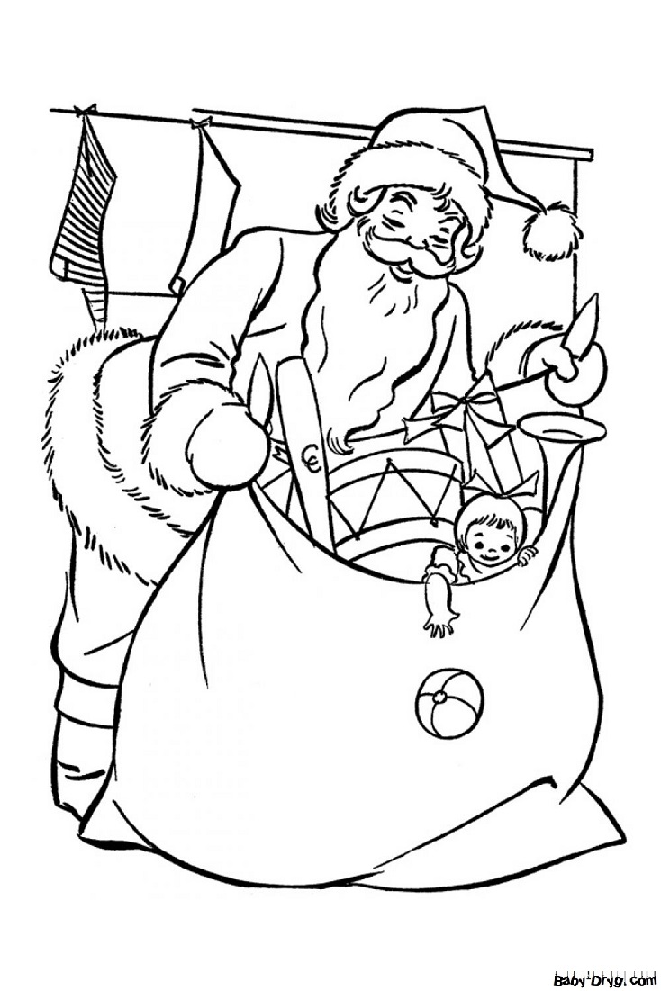Раскраска Дед Мороз с огромным мешком подарков | Новогодние раскраски распечатать