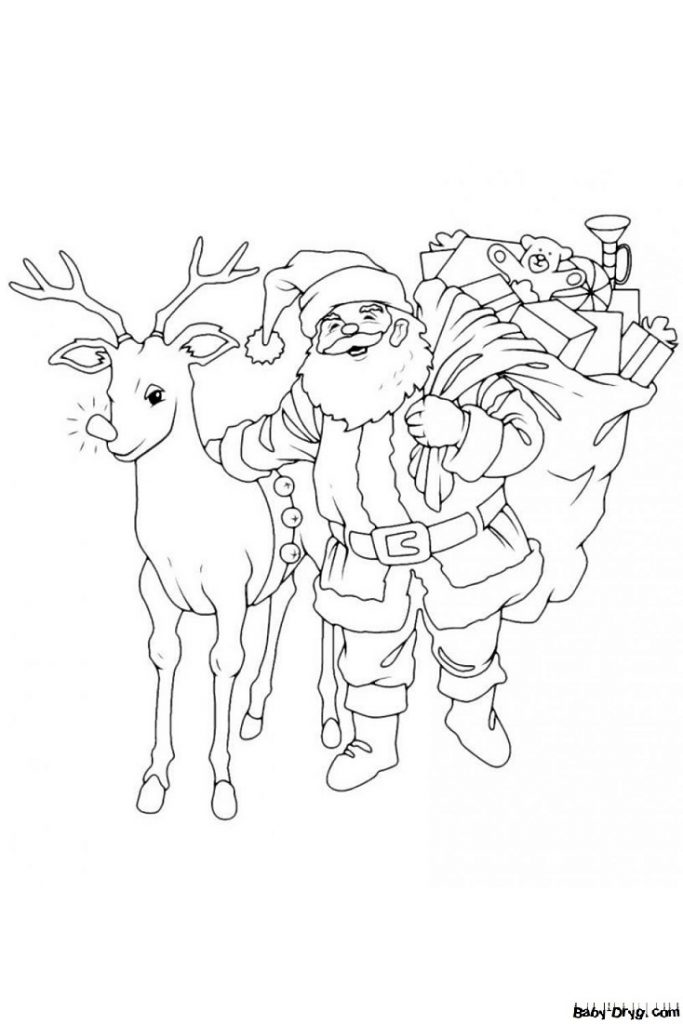 Раскраска Дед Мороз с оленем и мешком подарков | Новогодние раскраски распечатать