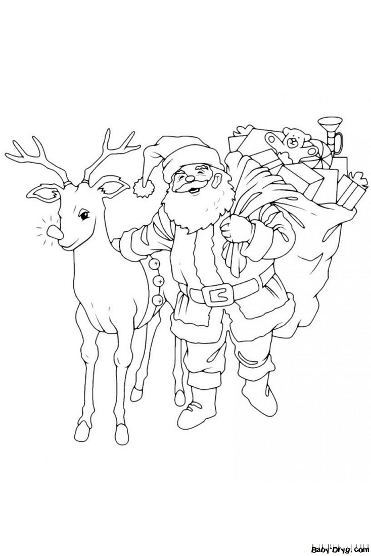 Раскраска Дед Мороз с оленем и мешком подарков | Новогодние раскраски распечатать
