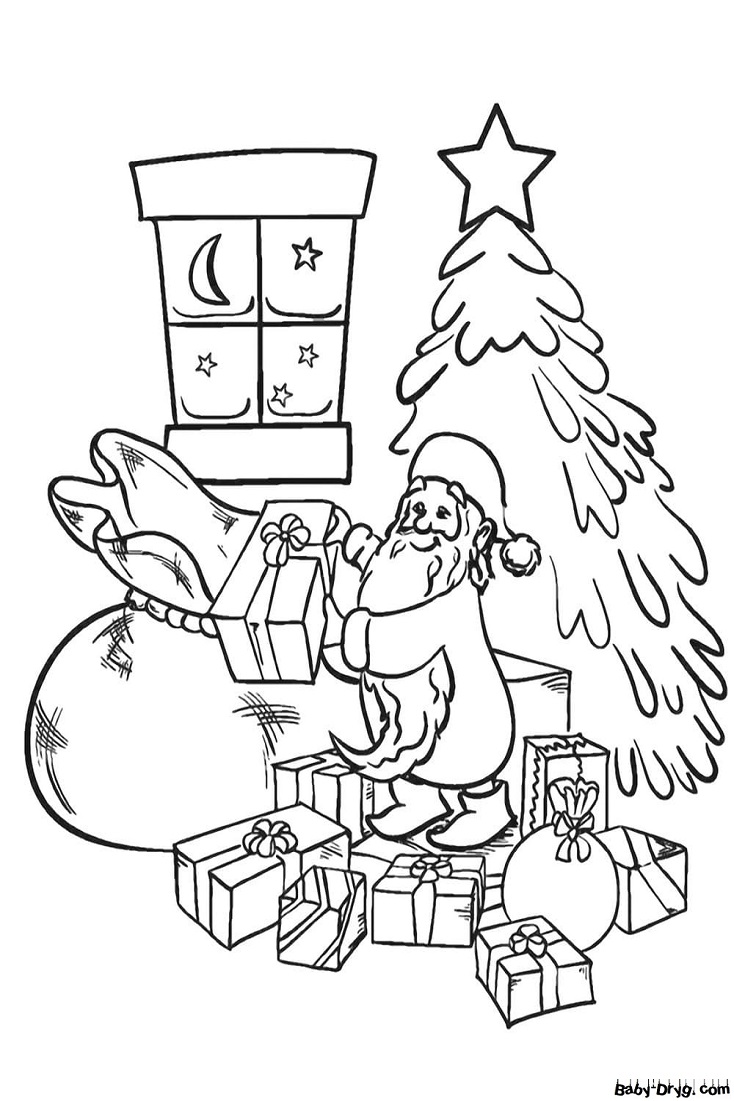 Раскраска Дед Мороз складывает подарки в мешок | Новогодние раскраски распечатать