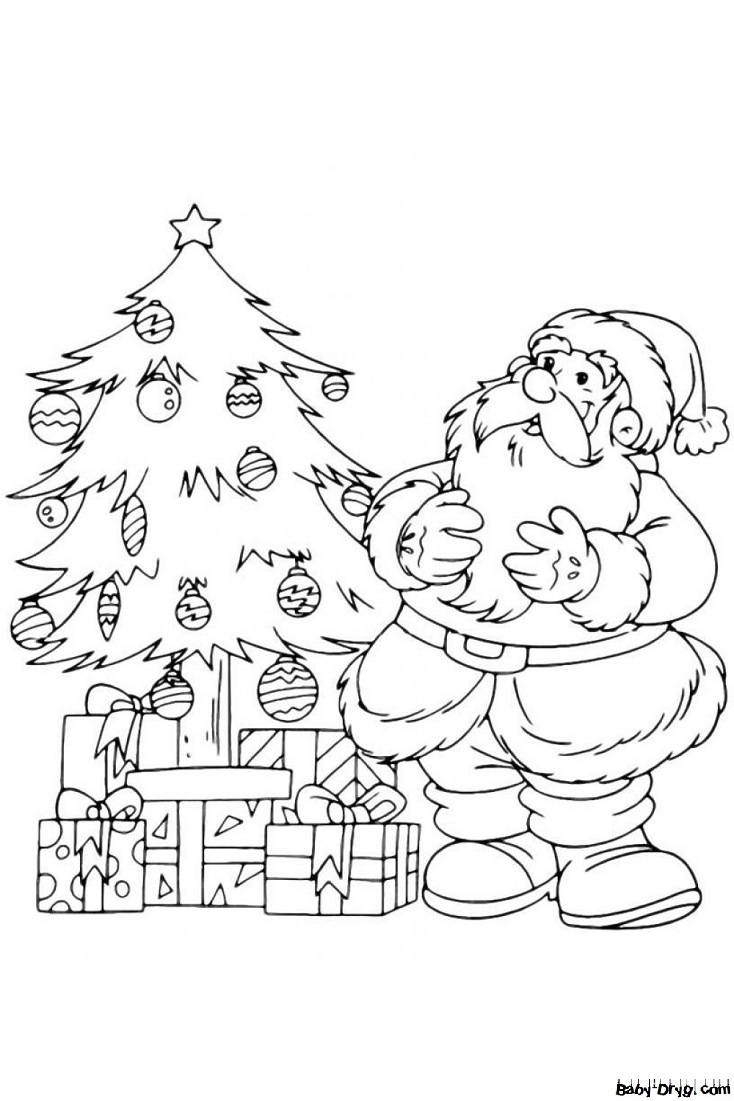 Раскраска Дед Мороз смотрит как дети украсили ёлку | Новогодние раскраски распечатать