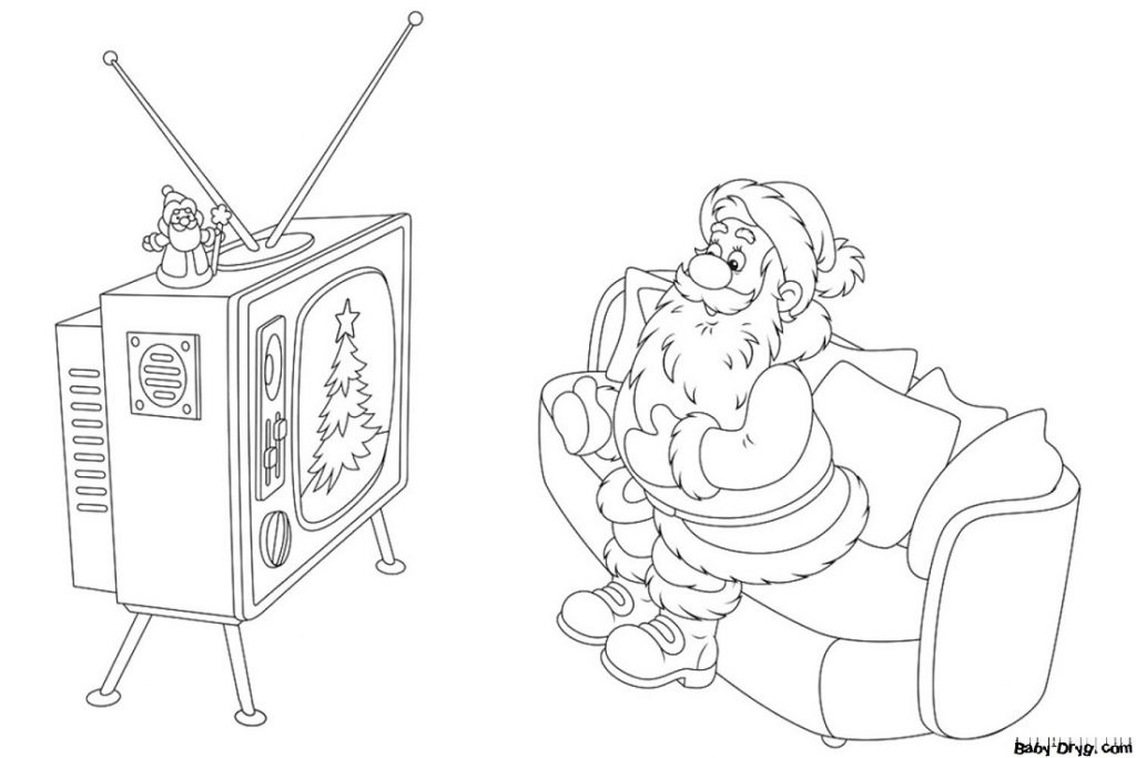 Раскраска Дед Мороз смотрит новогоднюю передачу | Новогодние раскраски распечатать