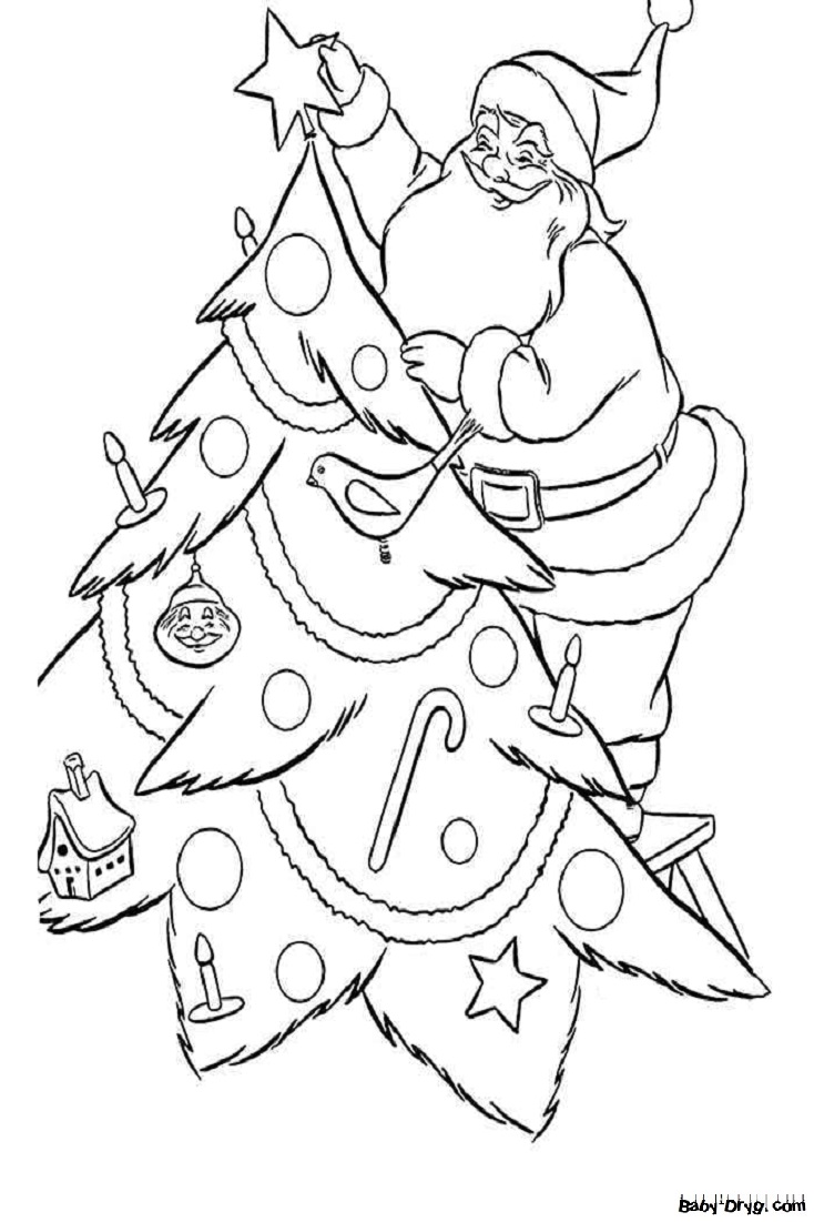 Раскраска Дед Мороз украшает елку | Новогодние раскраски распечатать
