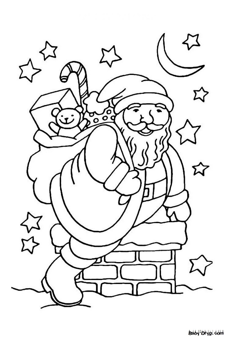 Раскраска Дед Мороз в рождественскую ночь | Новогодние раскраски распечатать