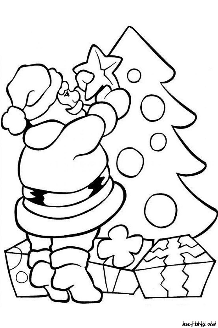 Раскраска Дед Мороз вешает звезду на елку | Новогодние раскраски распечатать