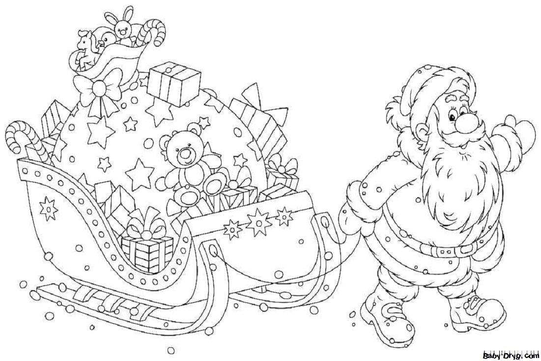 Раскраска Дед Мороз везет подарки в карете | Новогодние раскраски распечатать