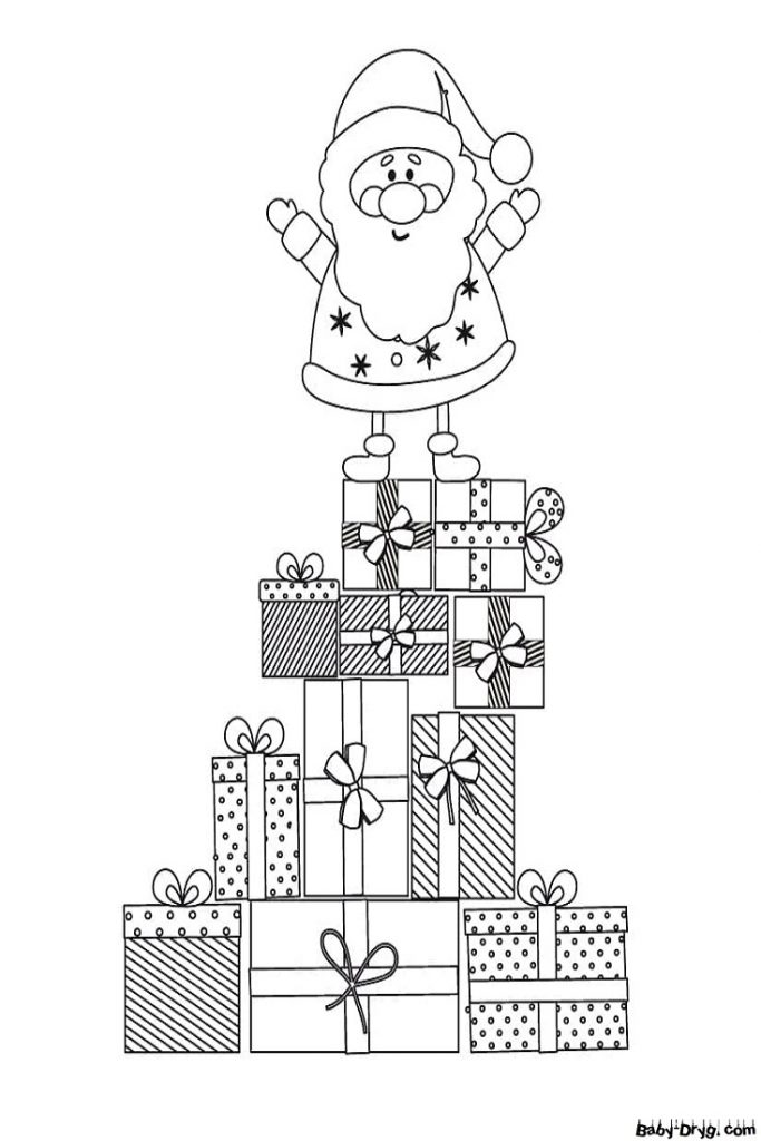 Раскраска Дед Мороз взобрался на гору подарков | Новогодние раскраски распечатать
