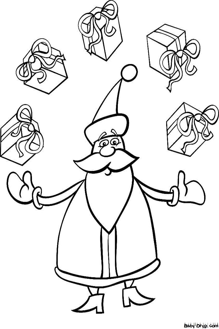 Раскраска Дед Мороз жонглирует подарками | Новогодние раскраски распечатать