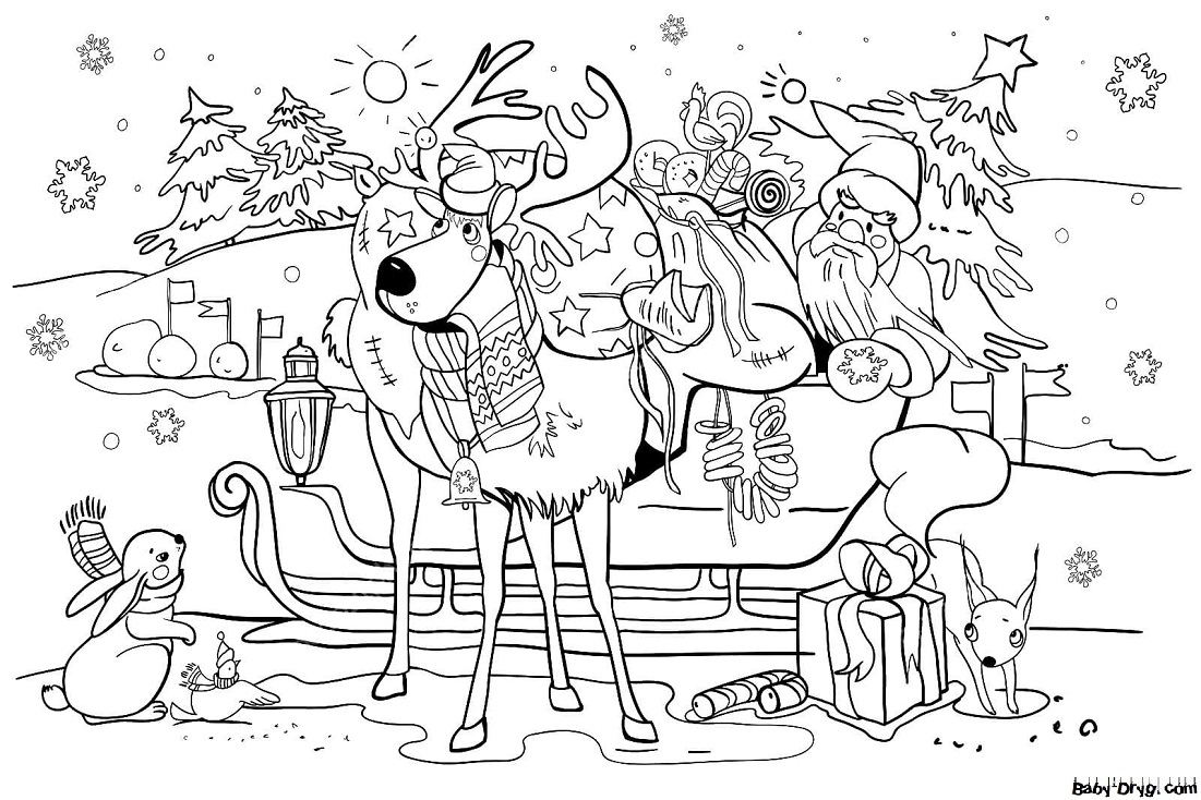 Раскраска Деда Мороза часто сопровождают лесные звери и птицы | Новогодние раскраски распечатать