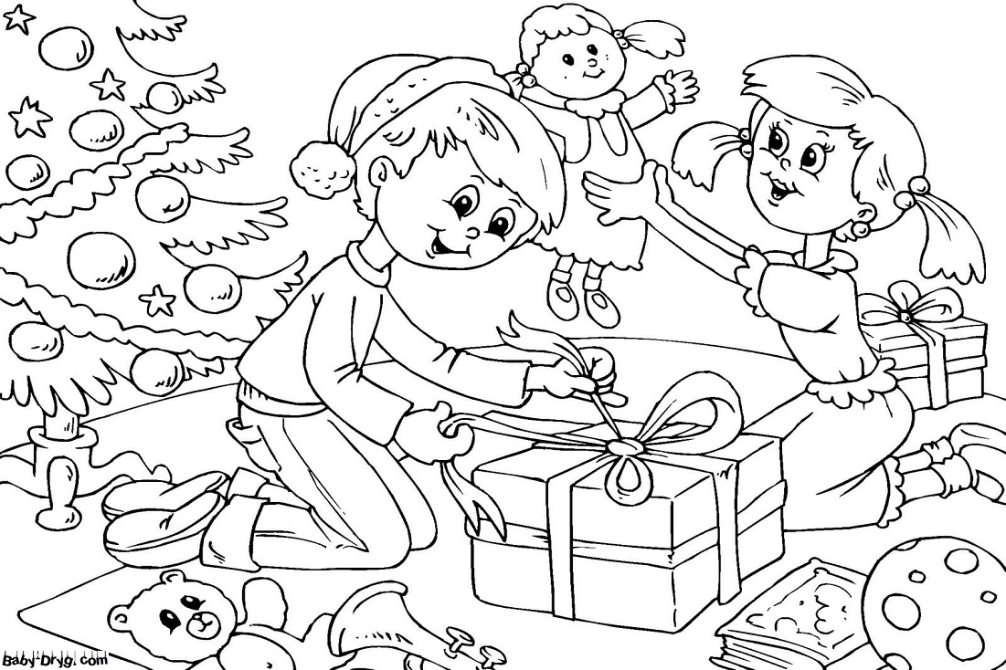 Раскраска Дети готовят друг для друга подарки | Новогодние раскраски распечатать