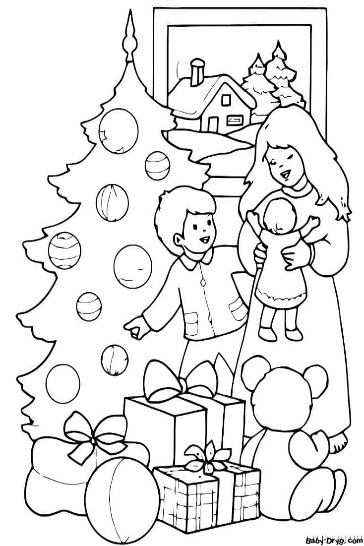 Раскраска Дети получают подарки на Новый Год | Новогодние раскраски распечатать