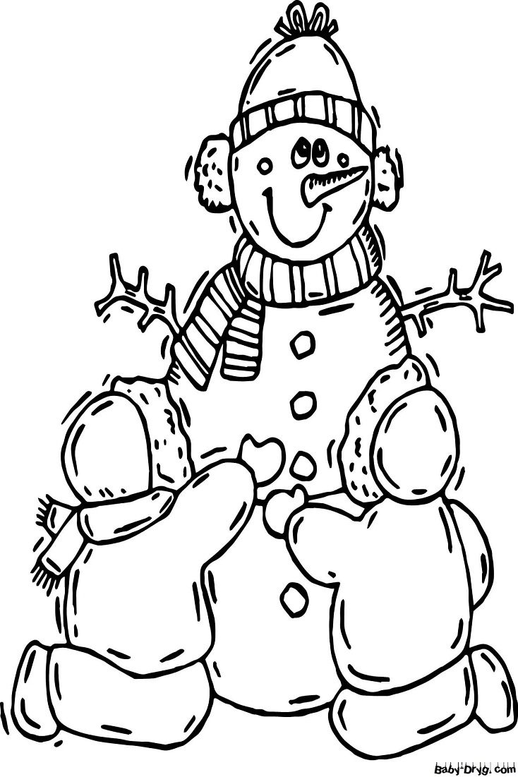 Раскраска Дети старательно лепят снеговика | Новогодние раскраски распечатать
