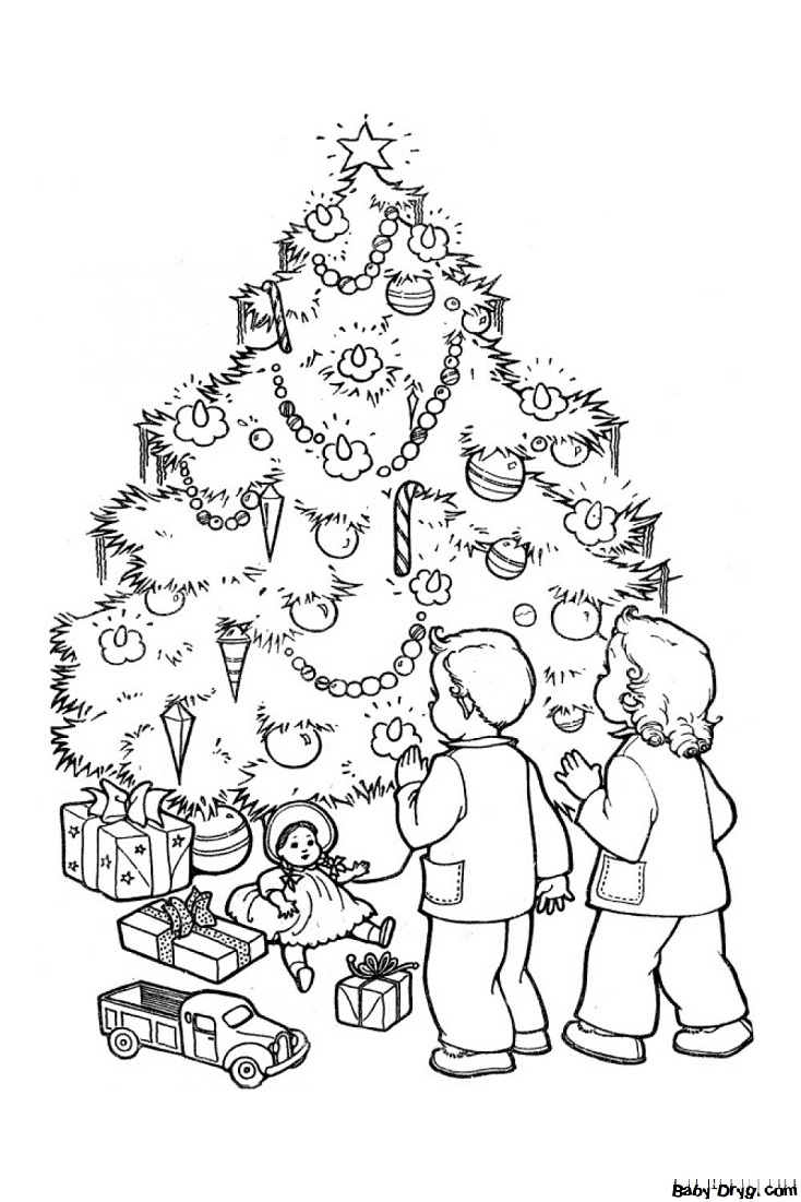 Раскраска Дети возле елки ищут конфеты | Новогодние раскраски распечатать