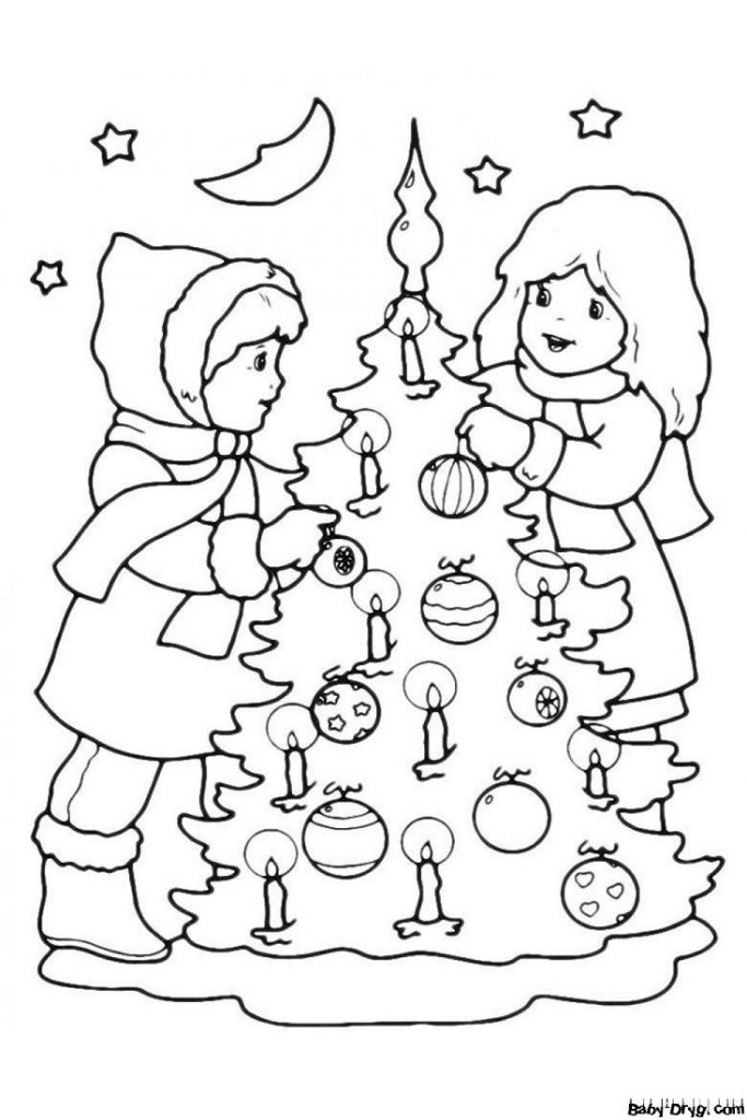 Раскраска Девочка и мальчик наряжают елку | Новогодние раскраски распечатать