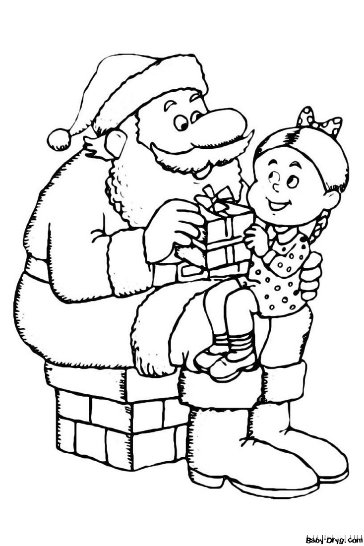 Раскраска Девочка на коленях у Дедушки Мороза | Новогодние раскраски распечатать