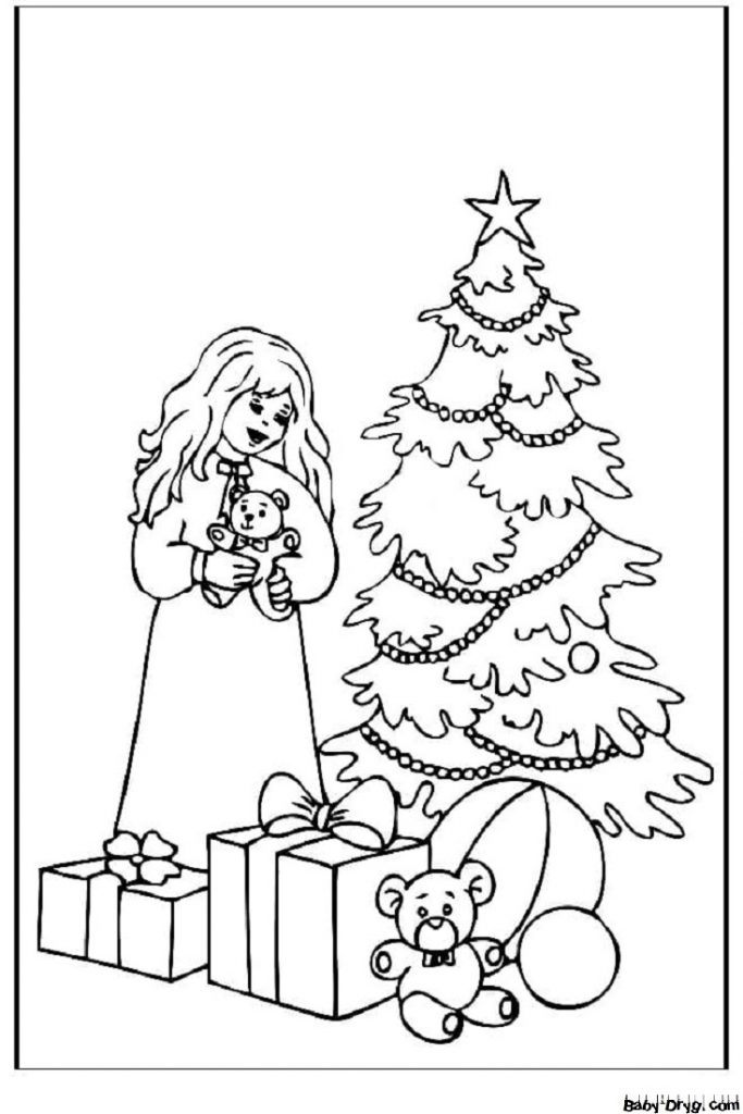 Раскраска Девочка нашла подарки под елкой | Новогодние раскраски распечатать