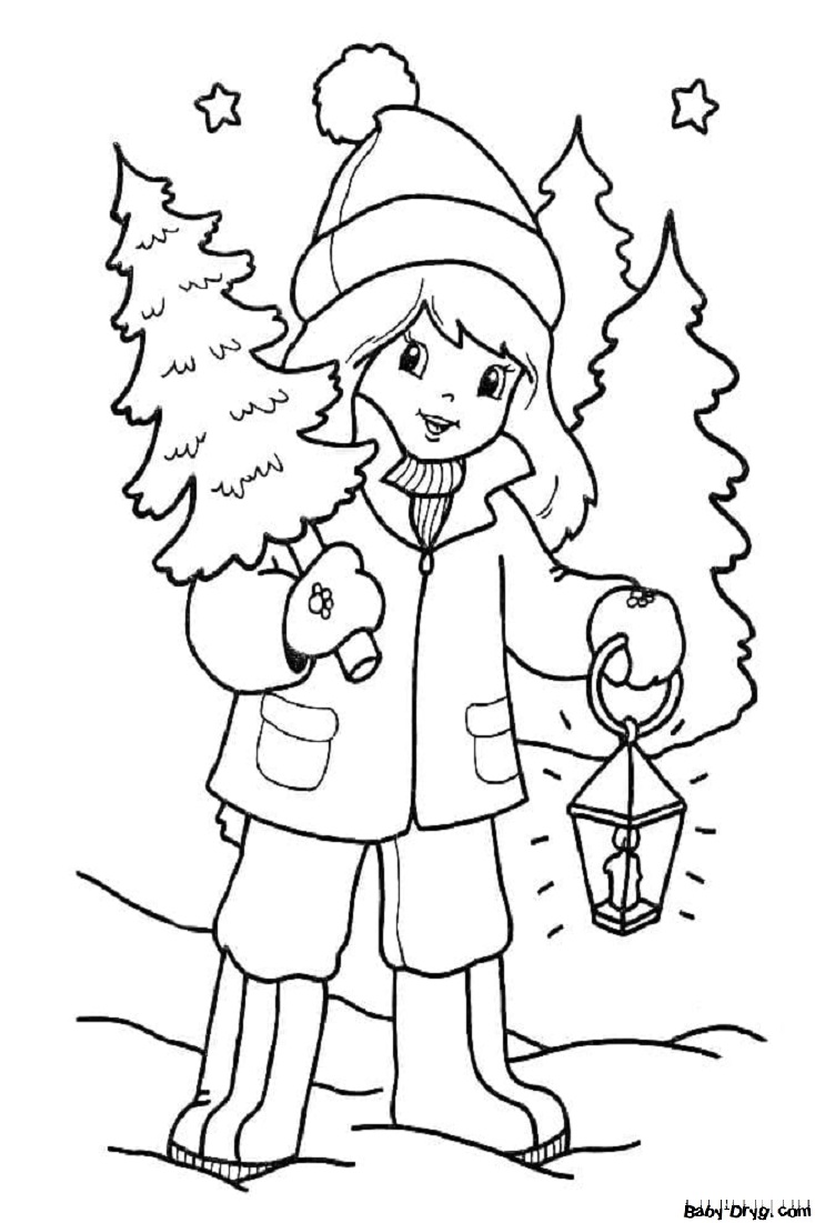 Раскраска Девочка с маленькой елочкой | Новогодние раскраски распечатать